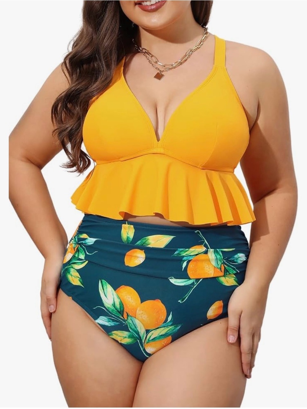 Cupshe Yellow Ruffle Bikini Top with Navy Lemon Print High-Waist Bottom